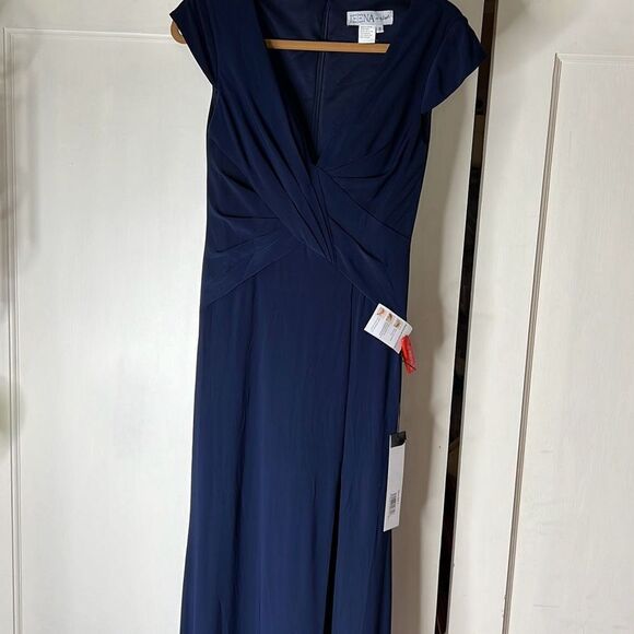 Mac Duggal V-NECK RUCHED JERSEY GOWN Blue Maxi Evening Dress Size 0 NWT - Picture 2 of 8